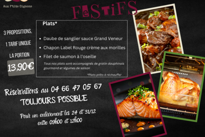 Réservation toujours possible de vos plats à emporter pour les fêtes