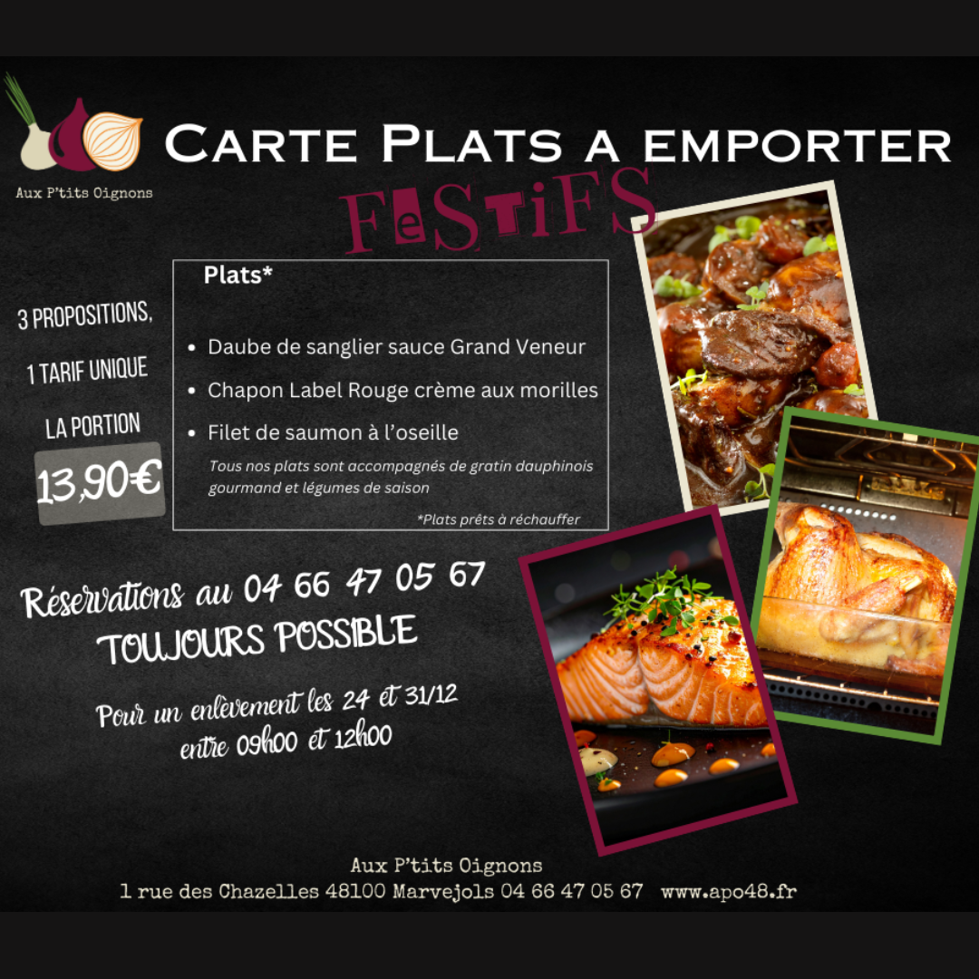 Réservation toujours possible de vos plats à emporter pour les fêtes