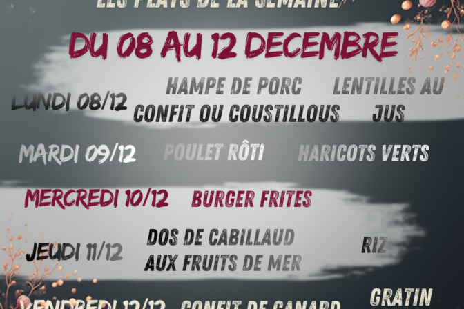 🧅Au programme de la Cafèt’ Aux ptits oignons  du 08 au 12 décembre