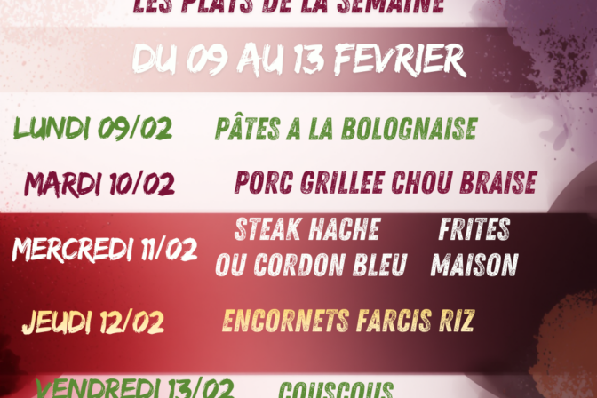 🧅Au menu de la Cafèt’ Aux ptits oignons  du lundi 09 au 13 février 🐈‍⬛🧅