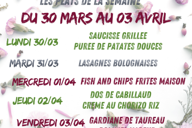 Au menu de la Cafèt’ Aux ptits oignons du 30 mars au 03 avril