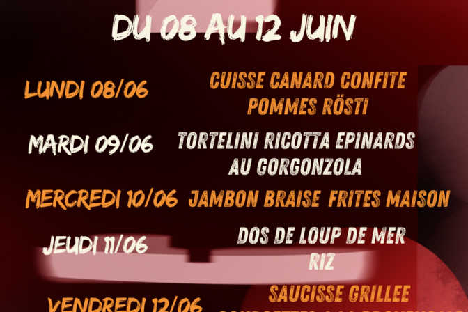 Plats à venir à la Cafèt’ Aux ptits oignons du 08 au 12 juin 2026