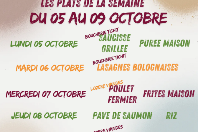 Au programme de la Cafèt’ Aux ptits oignons du 05 au 09 octobre 2026.